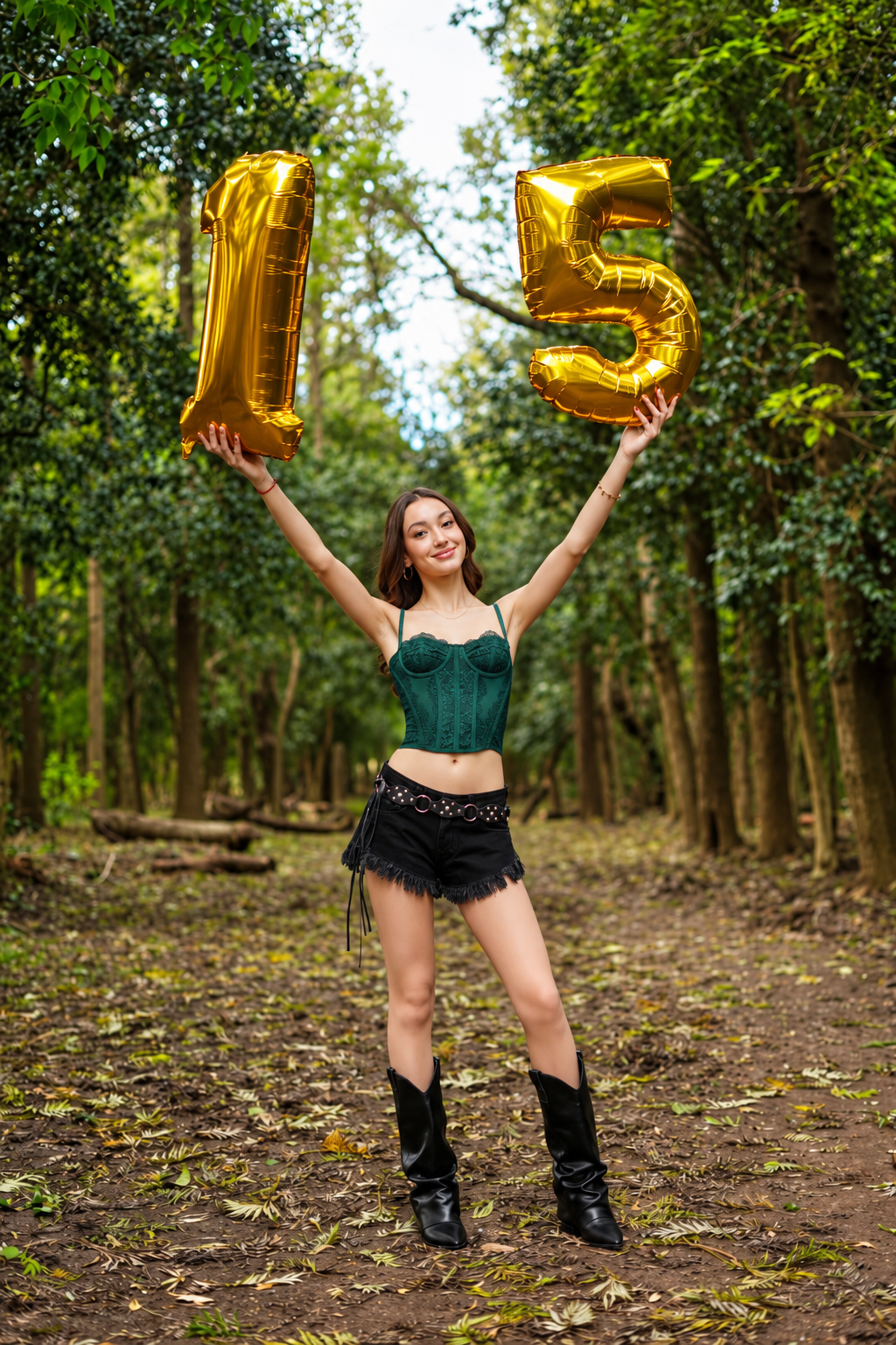 Emilia con globos dorados de sus quince años