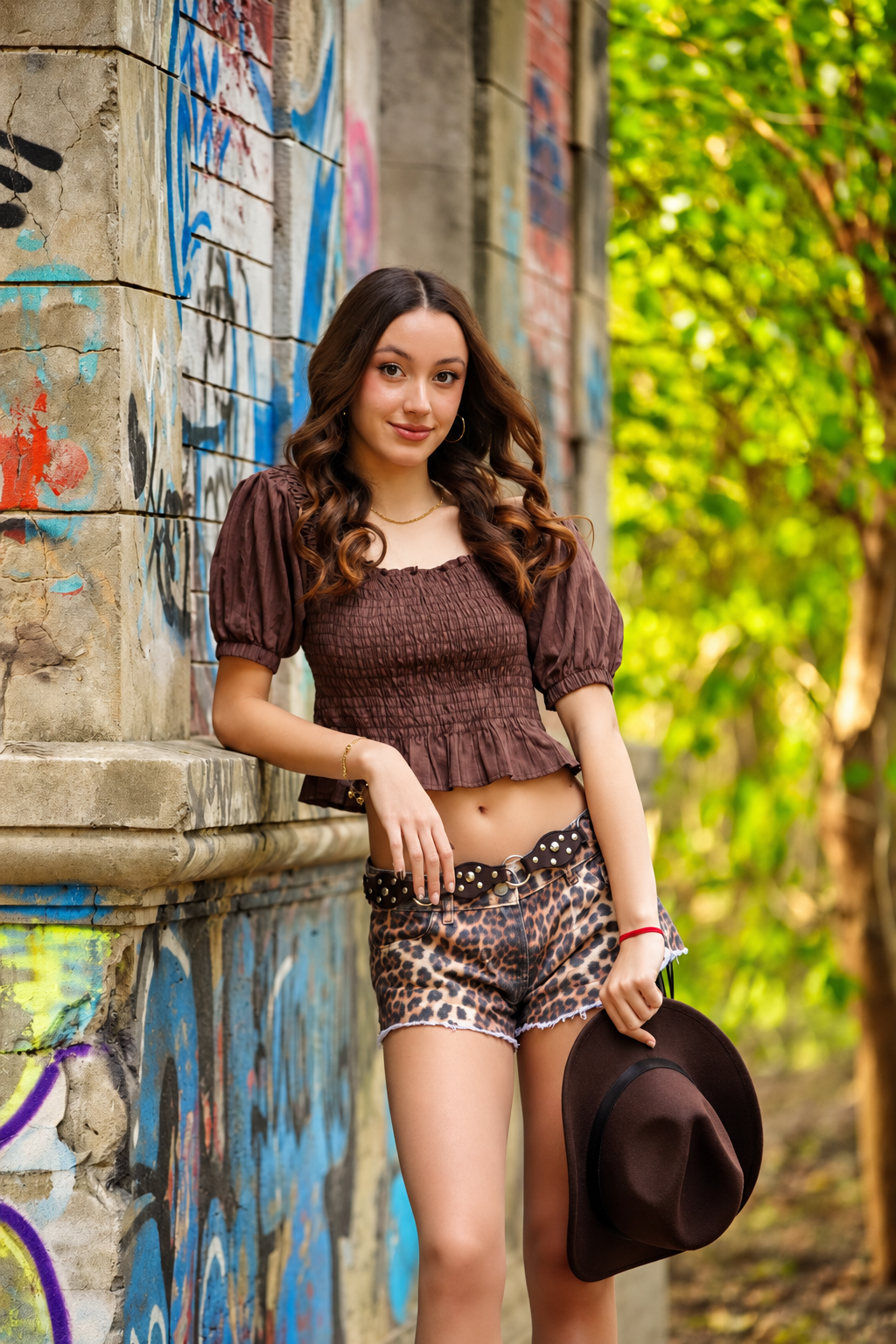 Emilia junto a una construcción antigua